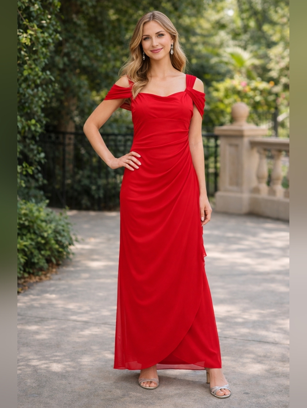 Alex Evenings Coral Red Off Shoulder Gown Size 8 Formal Evening Dress